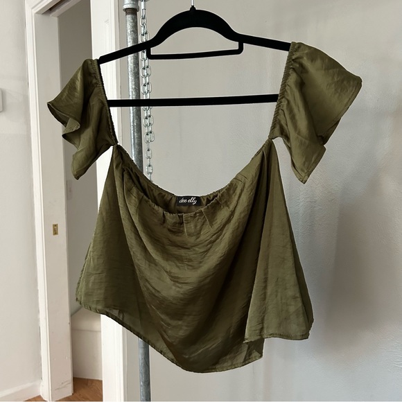 dee elle Tops Satin Silky Olive Green Off Shoulder Detached Sleeve Crop Top Sexy Dee Elly